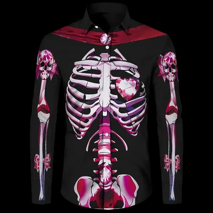 Chemise à boutons imprimé squelette 3D pour hommes et femmes, haut Streetwear à manches longues pour