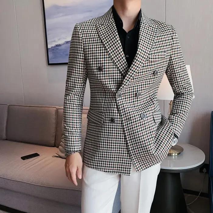Blazer pied-de-poule de Style britannique pour hommes, coupe cintrée, à la mode, Double boutonnage,