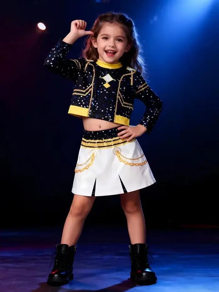 Ensemble 3 pièces filles veste paillettes noire haut court jupe blanche imprimé chaîne dorée enfants