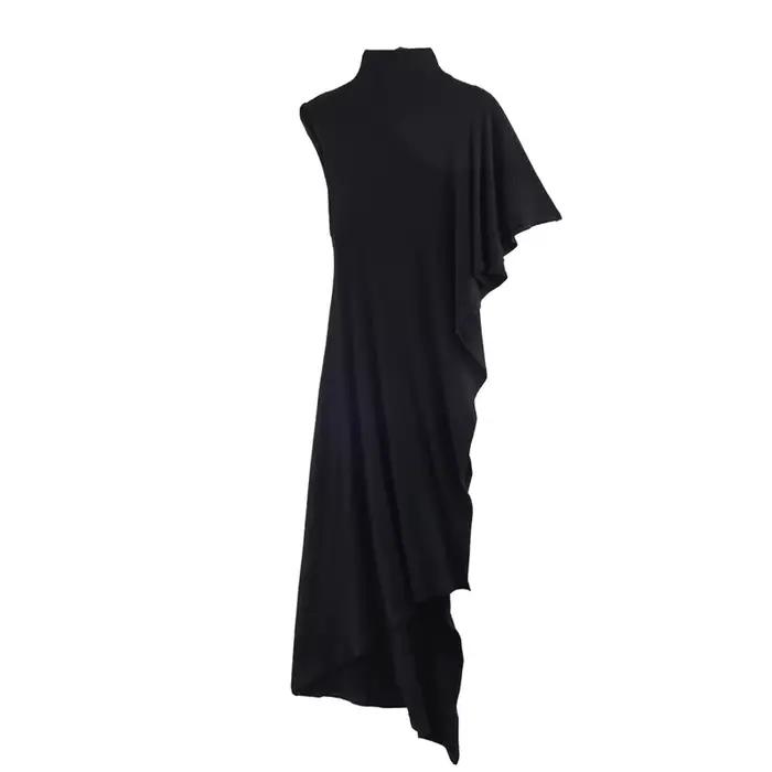 Haut pour femme, nouvelle collection printemps 2026, noir, manches courtes, col montant, asymétrique