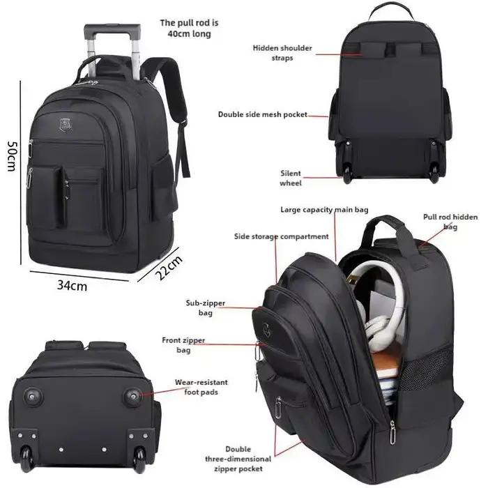 Sac à dos de voyage de grande capacité avec roulettes pour hommes, nervures cachées, bagage à main é