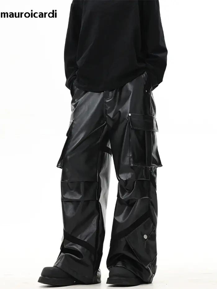 Mauroicardi-Pantalon Cargo en Cuir PU pour Homme, Baggy Noir, Jambes Larges, Poches Tridimensionnell