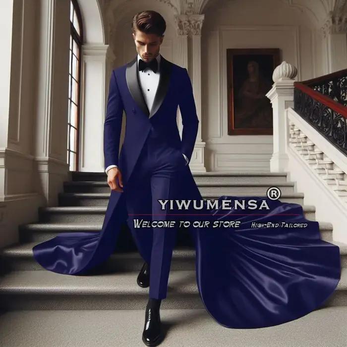 Costumes de mariage de luxe pour hommes, coupe couvertes, châle noir, revers, long manteau, pantalon