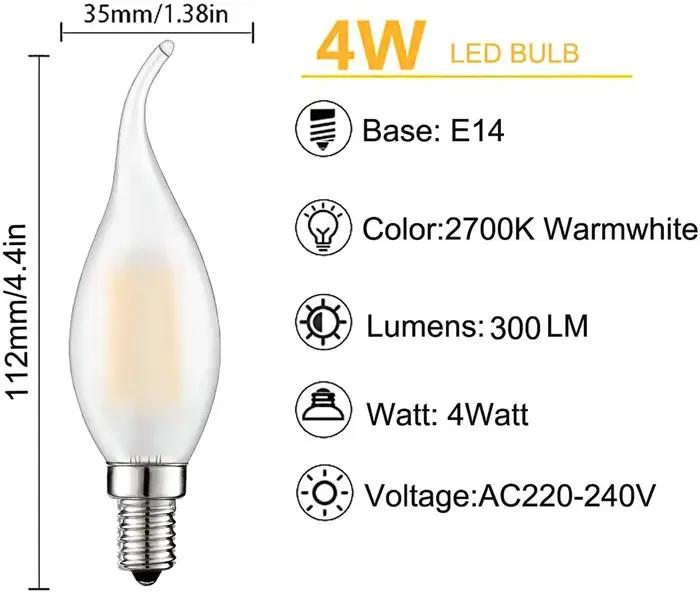 Lampe à filament rétro LED à intensité variable, C35 givrée, E14, 220V, 4W, 6W, blanc chaud 2700K, p