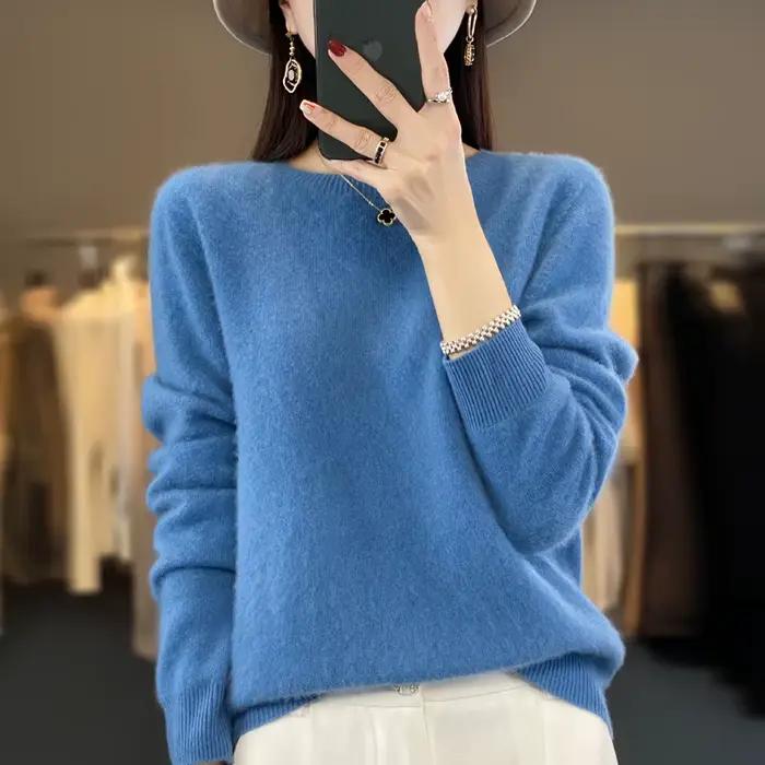 100% laine mérinos pull femmes col rond cachemire tricots femme pull automne hiver décontracté hauts