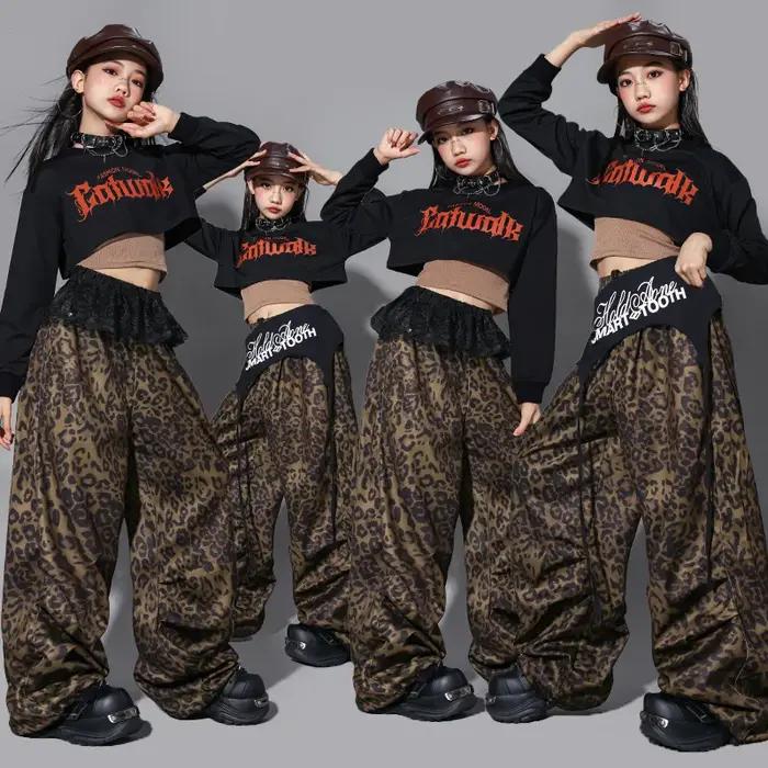 Vêtements de danse jazz pour enfants, tenue de scène Kpop pour filles, pantalon léopard, haut court