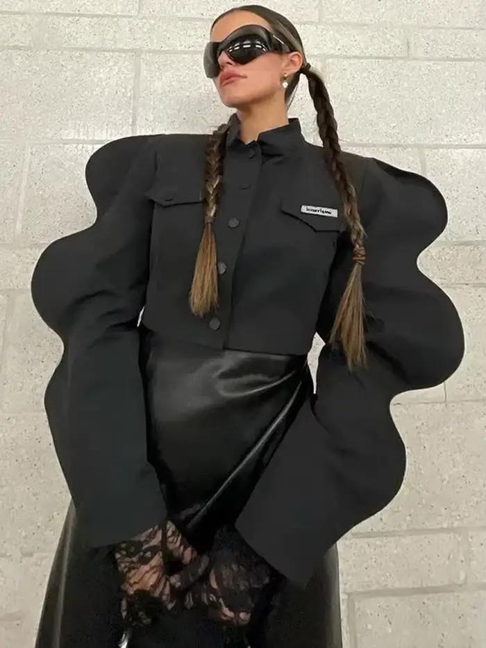 Weird Puss-Veste à Manches Spéciales pour Femme, Manteau Court Décontracté, à Simple Boutonnage, Cou