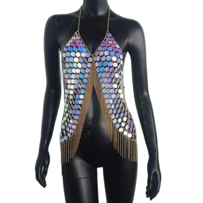 FestivalQueen-Haut court à pampilles à paillettes pour femmes, Camisoles de fête colorées, Vêtements