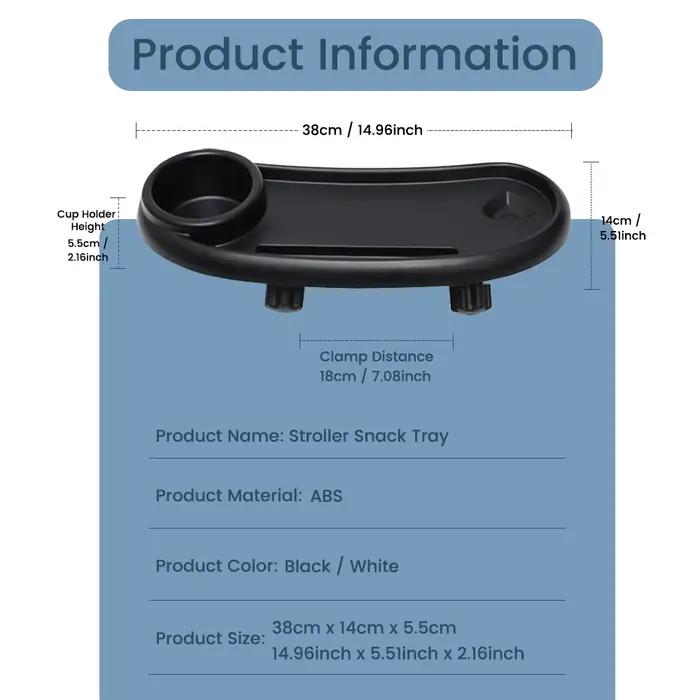 Plateau collation 3 en 1 pour poussette - Support verre réglable avec fente téléphone universel