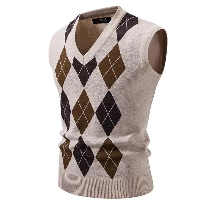 Nouveaux hommes Argyle tricots gilet col en V sans manches décontracté coupe ajustée pull tricoté pu