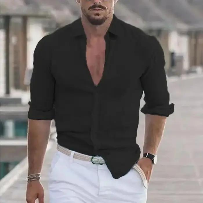 Chemise de plage en coton et lin pour hommes, décontractée, col Polo, manches longues, couleur unie,