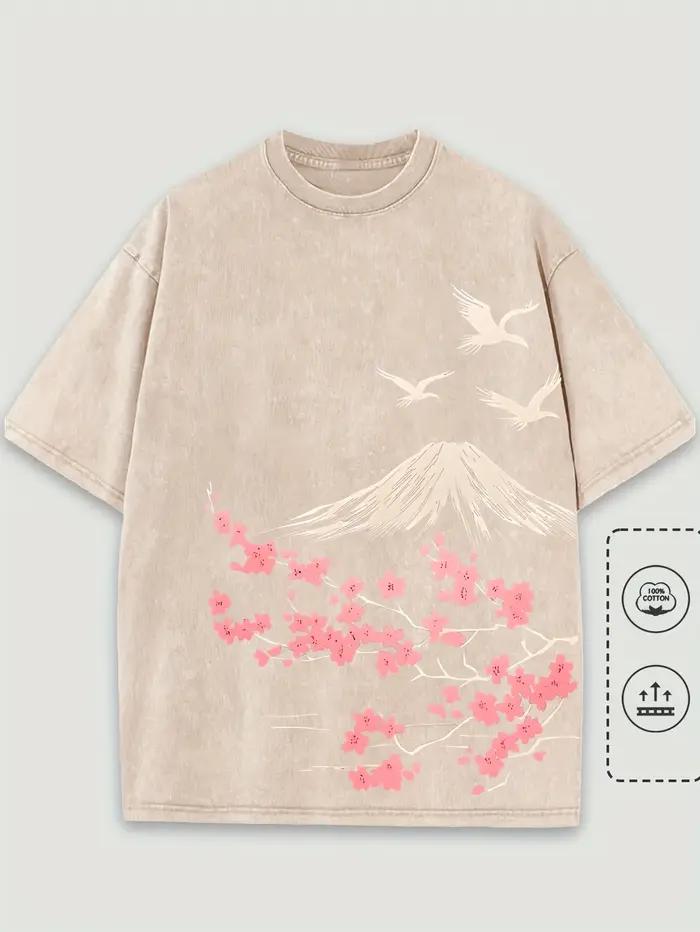 T-Shirt col rond unisexe, Vintage, Hip Hop, décontracté, 100% coton, lavé, Floral, montagne, imprimé