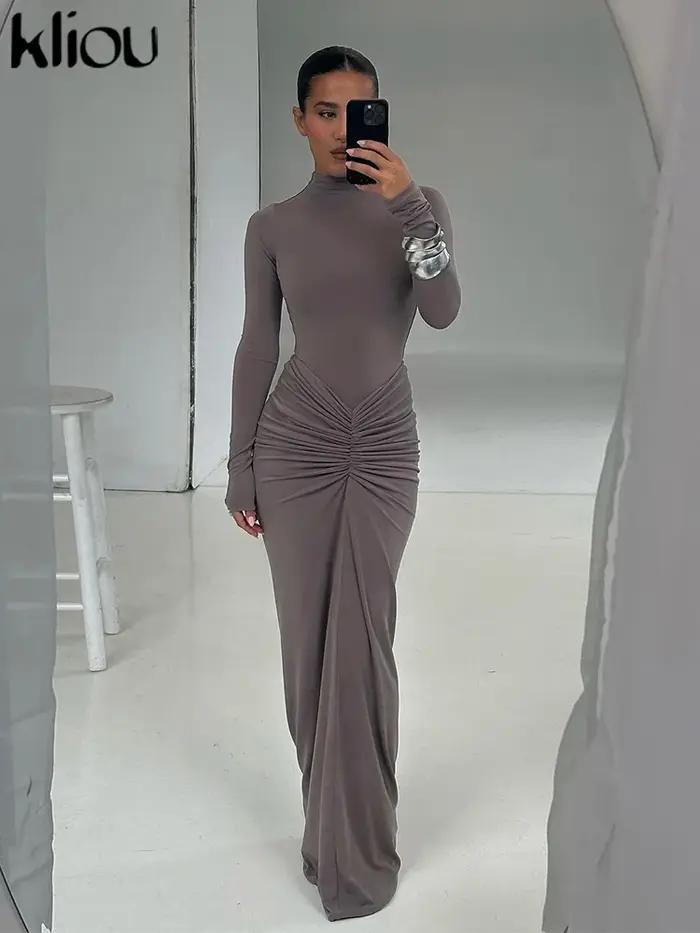 Kliou froncé femmes classique Robe Maxi automne nouveau solide à manches longues col haut moulage du