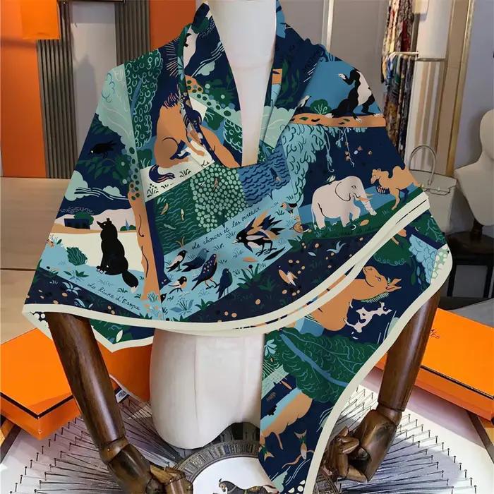 POBING 30% soie 70% cachemire écharpe femmes roulé à la main animaux imprimer foulards carrés envelo