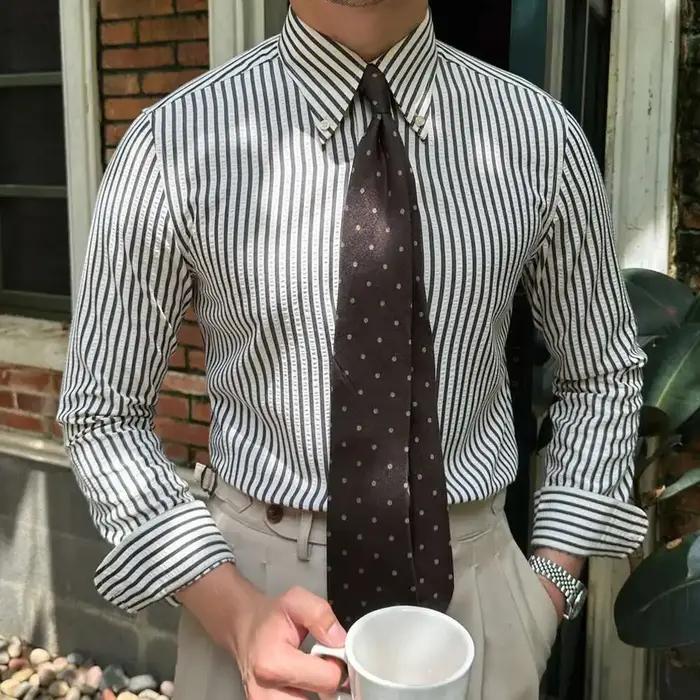 Chemise rayée à manches longues pour hommes, chemise d'affaires décontractée, mince, Seersucker, hau