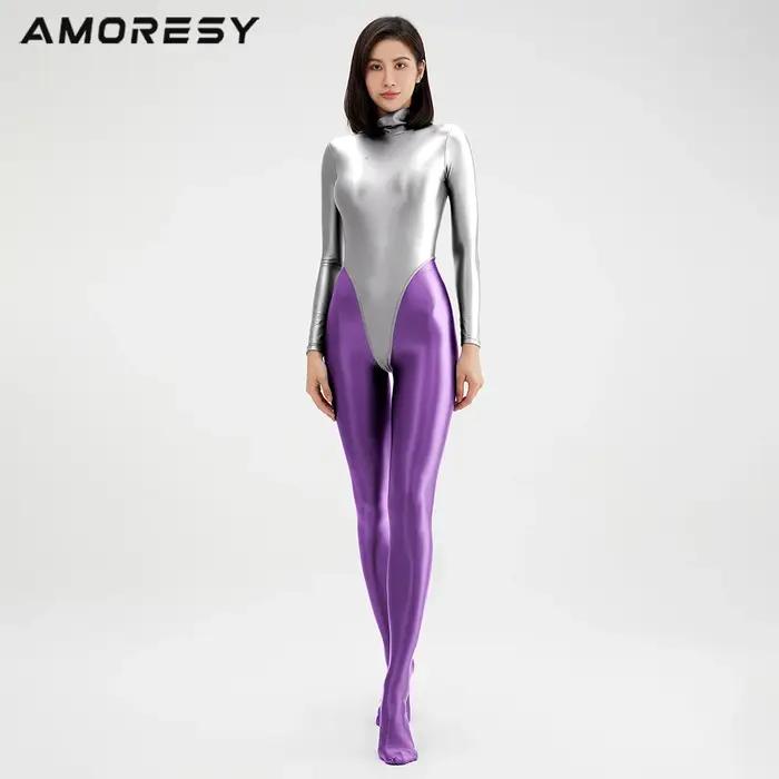 AMORESY femmes Sexy huile brillant une pièce maillot de bain collants à manches longues lisse col ha
