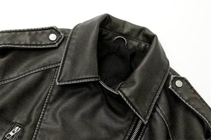 2025New Coal gray le Veste en cuir lavé pour femme avec ceinture, manteau court avec fermeture éclai
