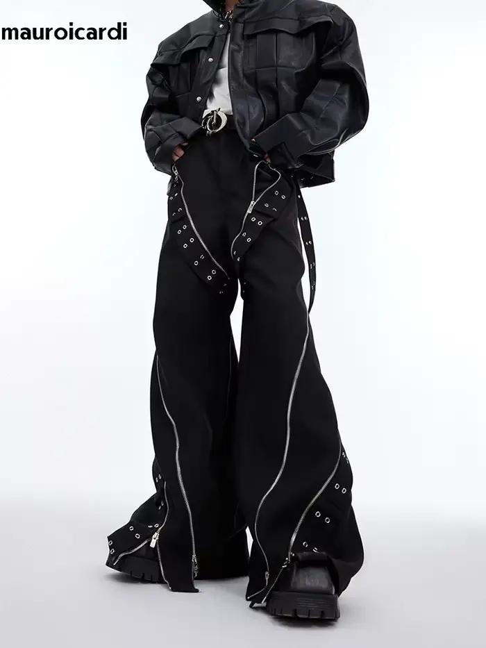 Mauroicardi-Pantalon Baggy à Jambes Larges pour Homme, Streetwear Cool, Long, Noir, Flowy, Vêtements