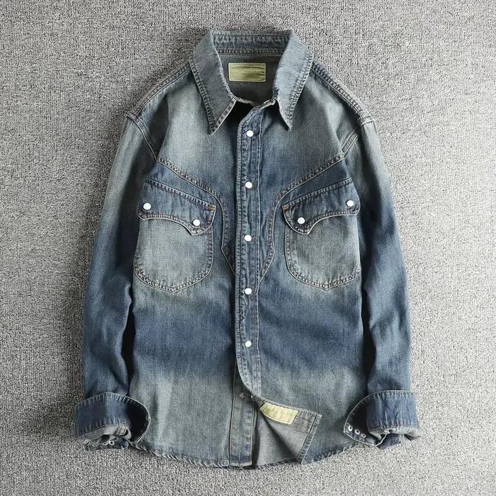 Réplique de chemise en jean pour hommes, Style rétro occidental américain, avec boutons en perles, n