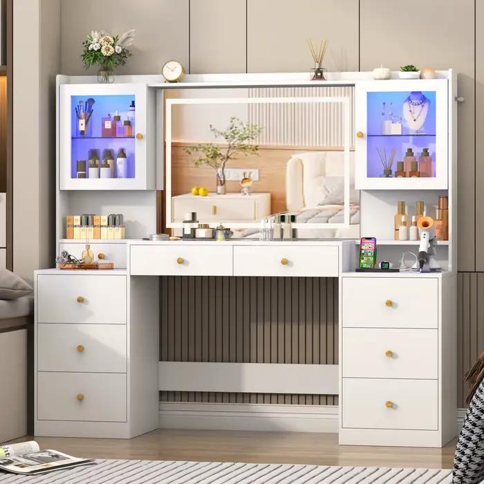 Grand bureau de courtoisie avec miroir et lumières, coiffeuse de maquillage avec station de charge,