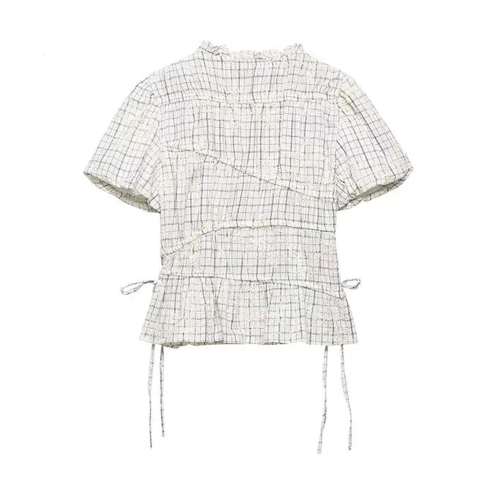 TFAFXY 2026 Ensemble d'été pour femme : Blouse brodée à carreaux avec nœud et jupe longue midi coupe