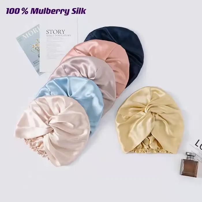 Bonnets Turban en soie de mûrier pour femmes, bonnet de nuit torsadé 19 Momme, bonnet enveloppant de
