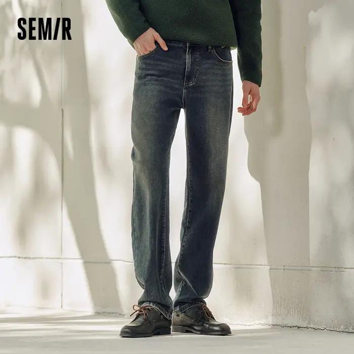 Semir Senrou Denim jean hommes moustaches rétro en détresse jambe droite 2025 hiver nouveau pantalon