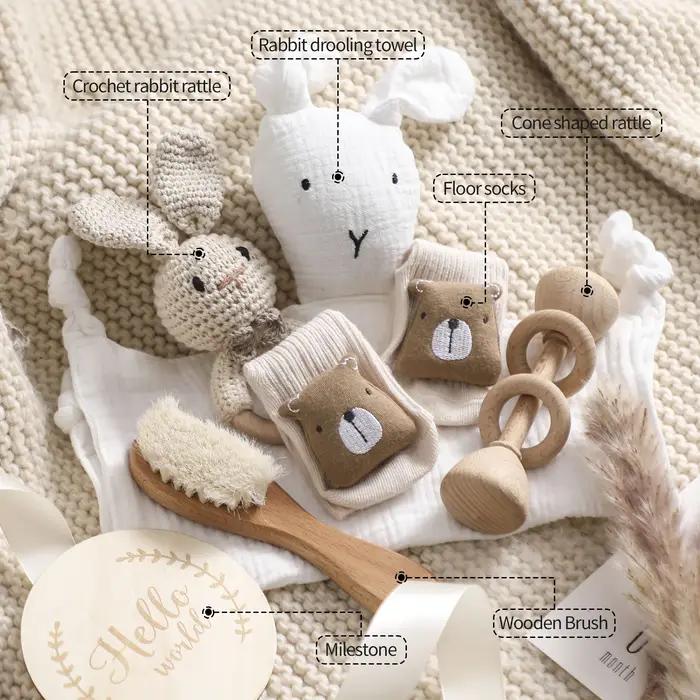 Coffret cadeau naissance 7 pièces : couverture bébé coton double face, accessoires de bain nouveau-né