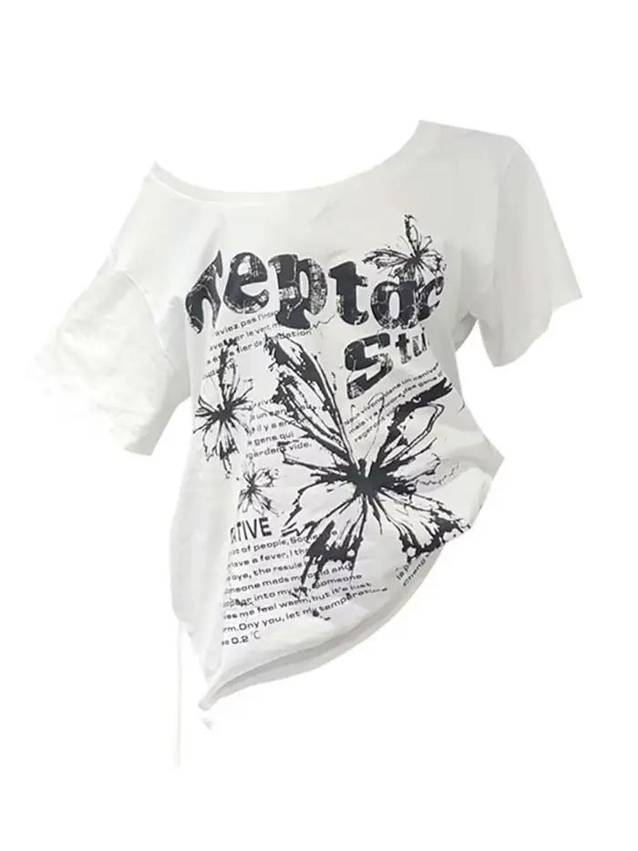 White 100% Cotton Y2k Vintage Oversize Off shoulder Short sleeve T shirt With Print Women Casual Sum