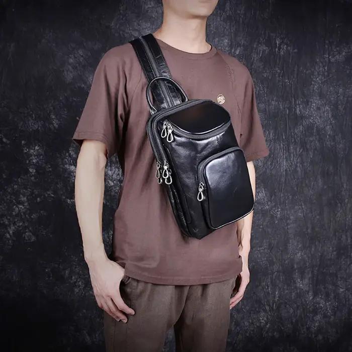 Sac de poitrine pour hommes, sac à bandoulière en cuir avec couche supérieure, sac à bandoulière déc