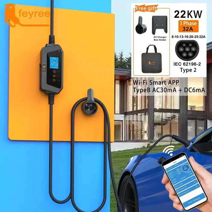 Feyree 22KW 32A 3 phases Type2 chargeur EV Portable Wi-Fi APP contrôle EVSE boîte de charge Station
