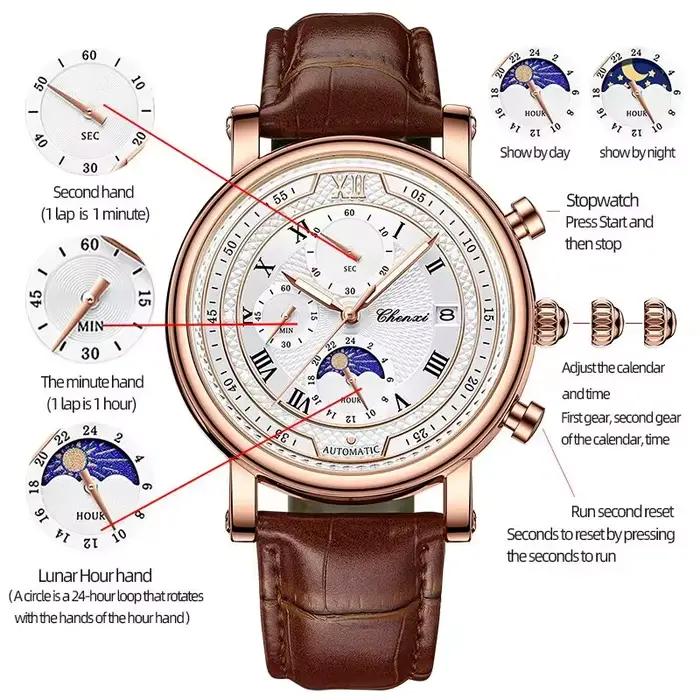 Chenxi 976 cuir chronographe Date hommes Phase de la lune chronométrage affaires lumineux montre à Q