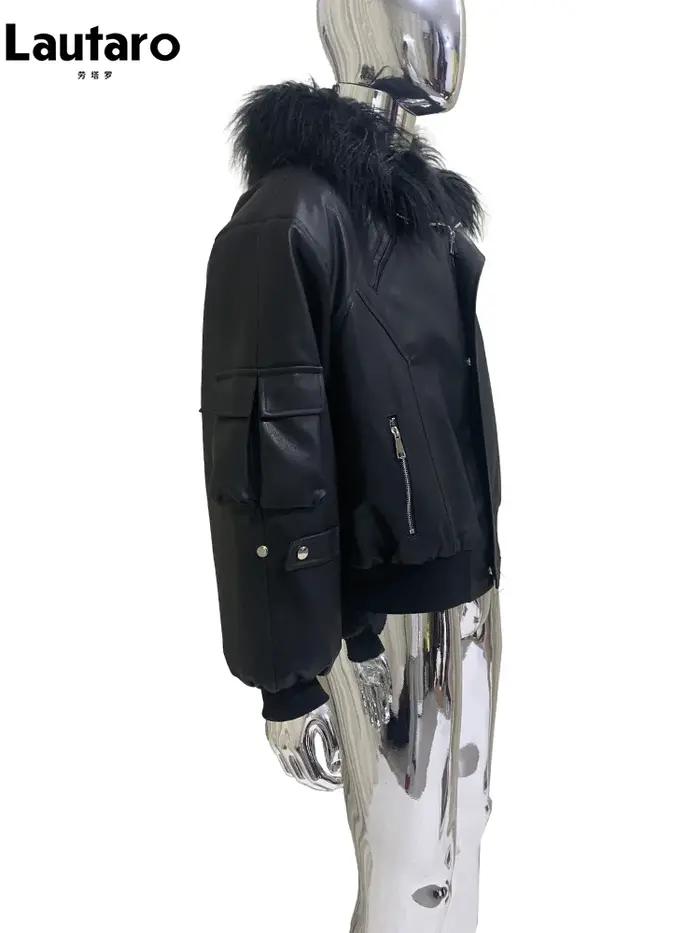 Mauroicardi automne hiver court surdimensionné noir chaud veste en cuir Pu hommes avec fausse fourru