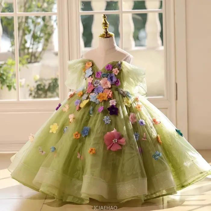 Robe de bal longue pour filles, vêtements floraux verts, robes de princesse d'anniversaire, tenue de