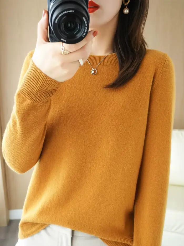 Pull en laine à manches longues et col rond pour femmes, pull basique, tricots en laine mérinos, sty