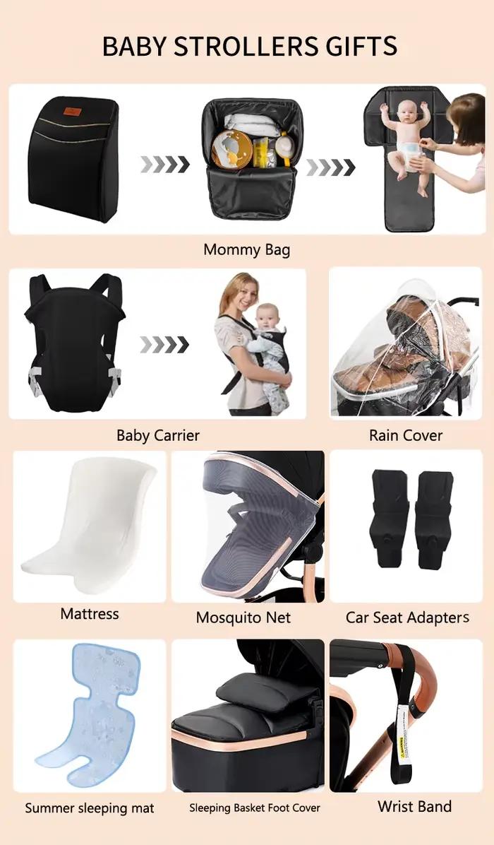 Poussette 3 en 1 en cuir PU pour bébé, avec mousqueton, siège de voiture, absorbant les chocs, imper