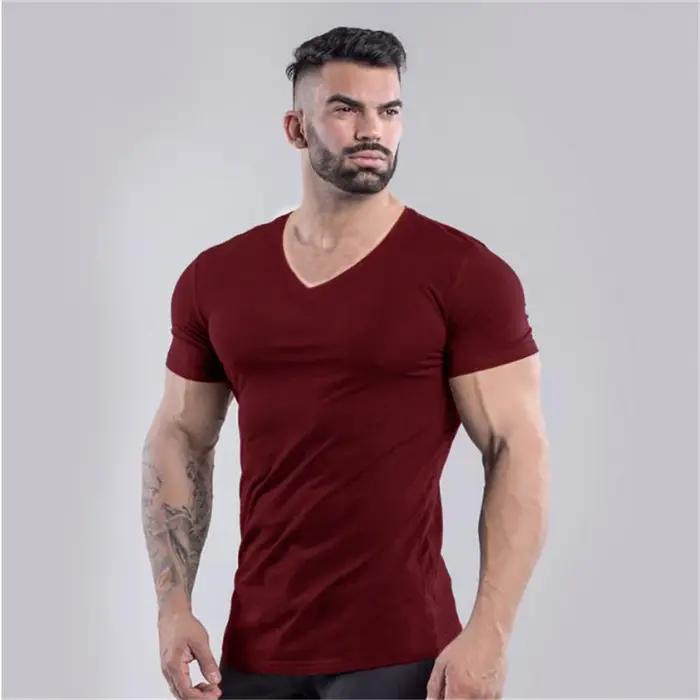 T-shirt de sport en coton uni pour hommes, vêtements de Fitness d'été, col en v, manches courtes, co