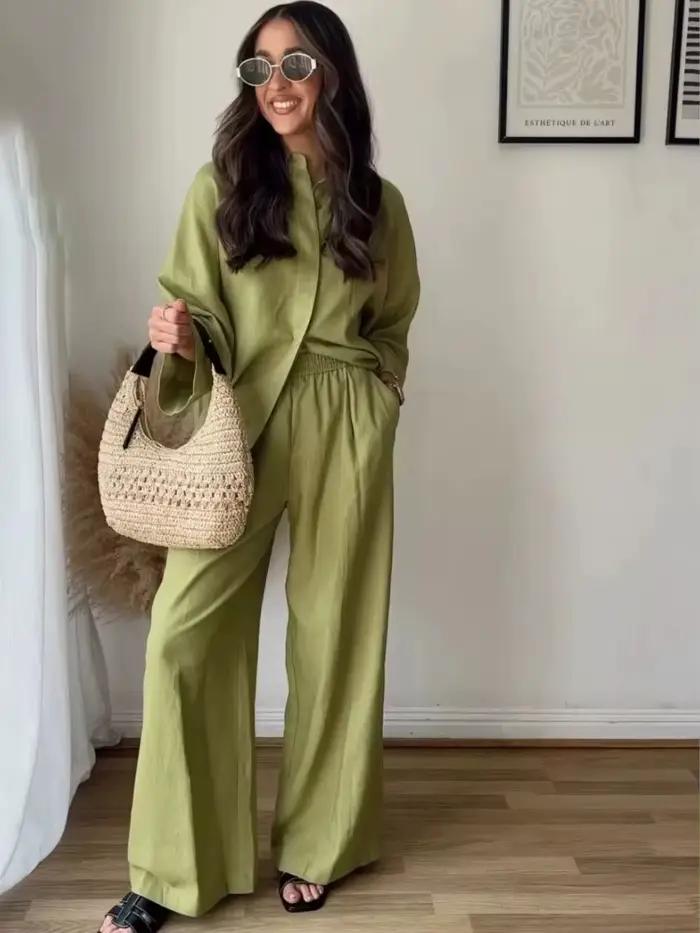 HH femmes décontracté solide Blouse pantalon ensembles ample à manches longues revers chemises taill