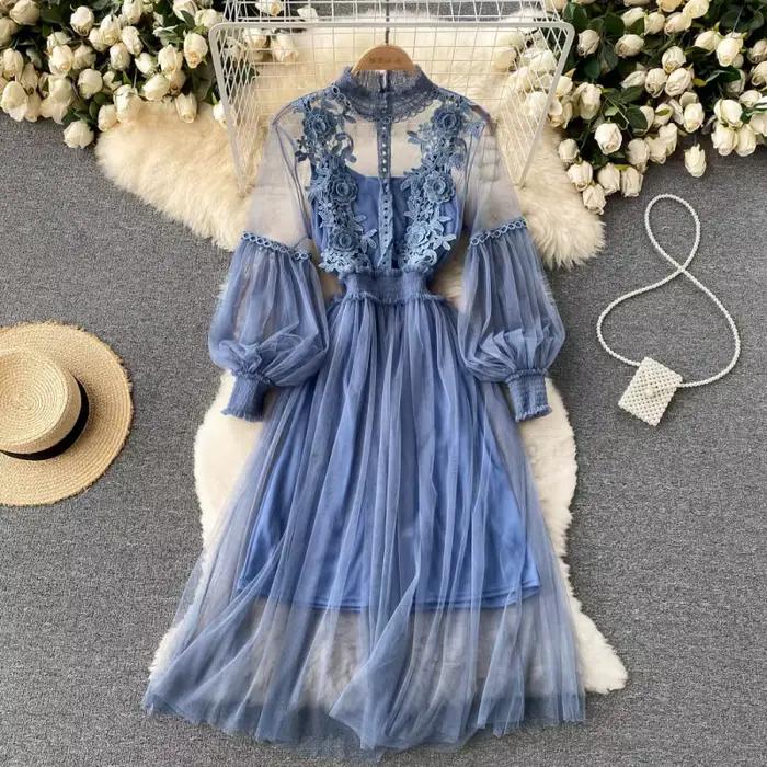 Robe longue en dentelle à fleurs et maille, manches lanternes, blanche, pour femmes, tenue de soirée