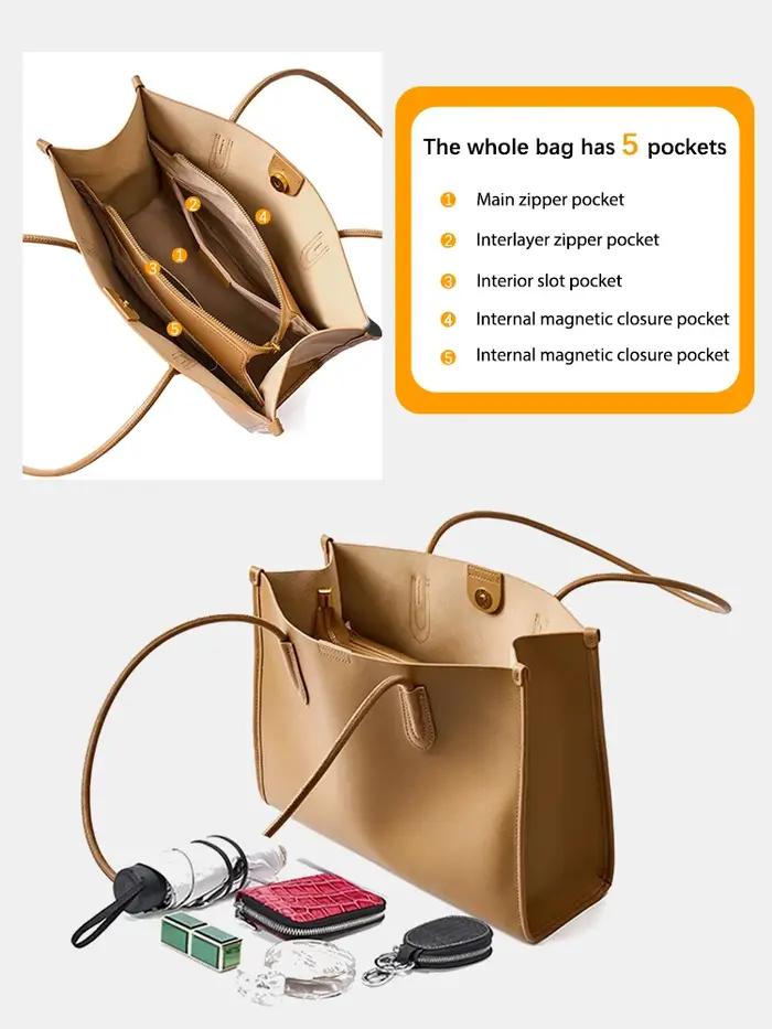 Nouveau Sac à Main Femme Kaki en Cuir Véritable, Sac à Bandoulière Grande Capacité, Sac Cabas pour D