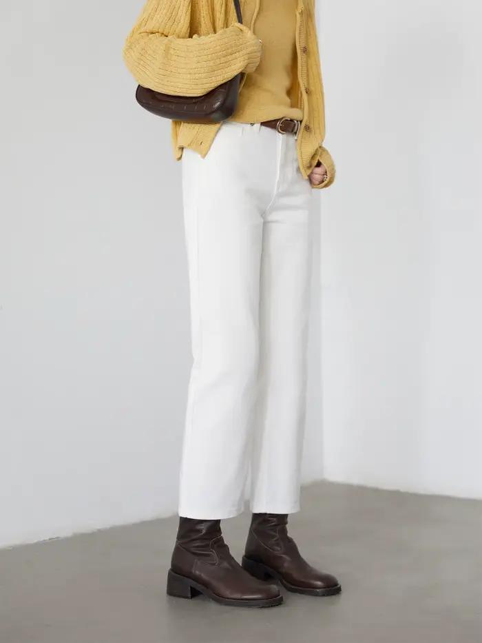 CHIC VEN femmes pantalon blanc mince taille haute coton jambe droite décontracté jambe mince jean fi