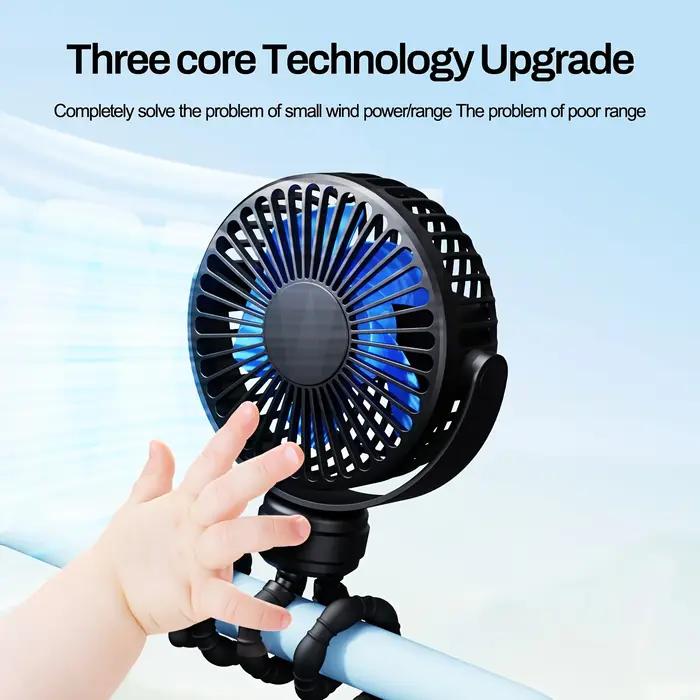 Mini ventilateur portable flexible sur trépied, rechargeable, 3 vitesses, pour poussette, avec rotat