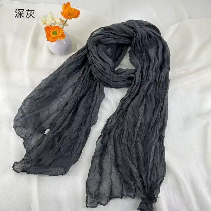 Foulards en coton et lin doux et respirant pour femmes, écharpe plissée de couleur unie, Style bohèm