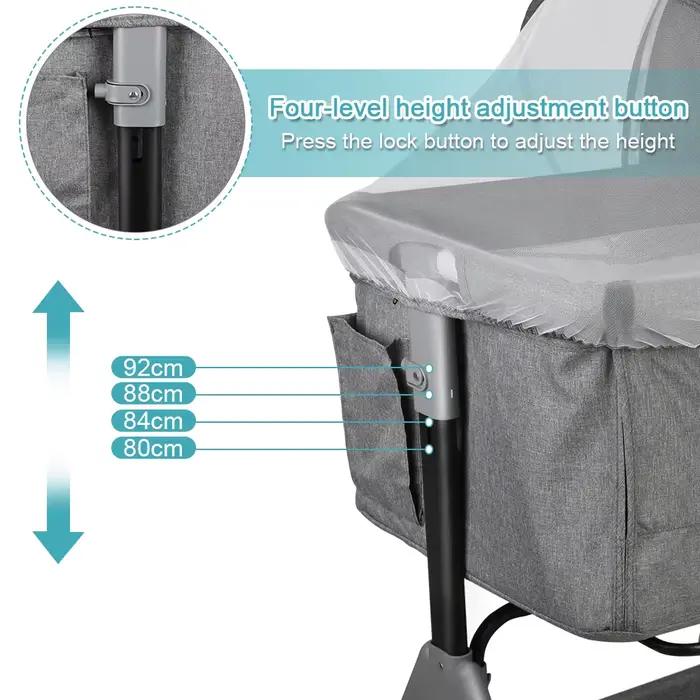 Lit Bébé jusqu'à 9 kg, Cododo Bébé, Réglage de la Hauteur 4 Hauteurs, Inclinaison, 4 Roulettes avec