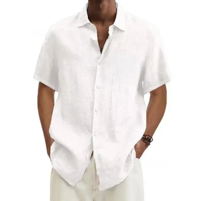 Chemises à manches courtes pour hommes, en coton et lin, couleur unie, col rabattu, décontracté, Sty