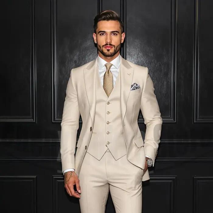 Ensemble de costume trois pièces Beige pour hommes, coupe cintrée, tenue de soirée formelle pour mar