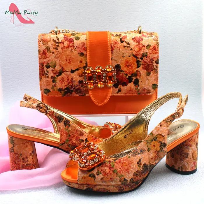 Ensemble de chaussures et de sacs en cuir PU orange pour femmes italiennes, design floral, robe, hau