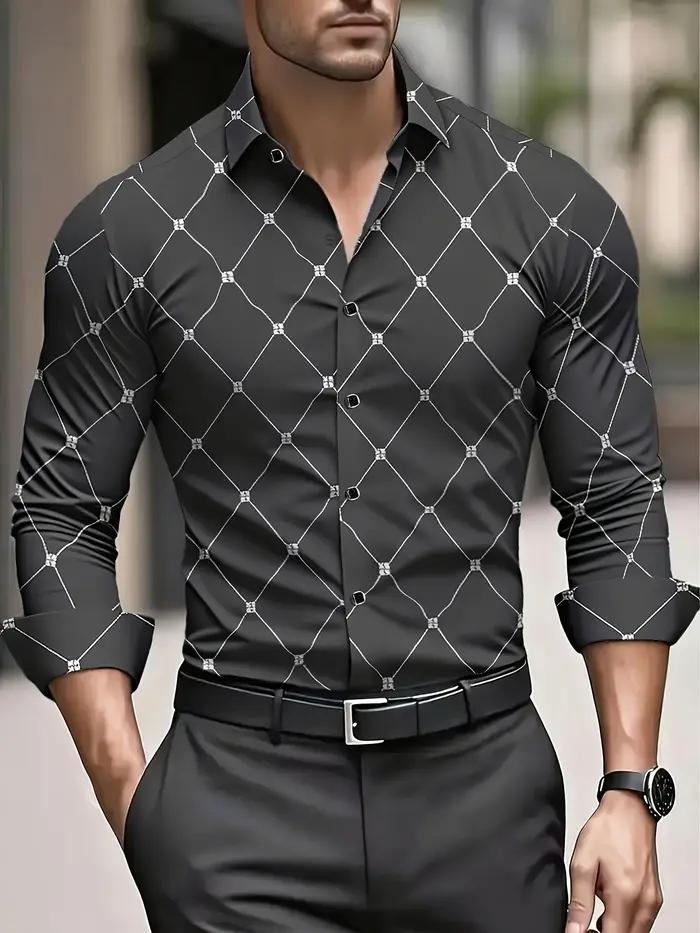 Chemise élégante à manches longues pour hommes à imprimé géométrique, chemise boutonnée décontractée