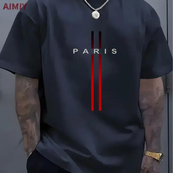 T-shirt à Manches Courtes et Col Rond pour Homme, Haut Décontracté, Imprimé de Lettres PARI, Été