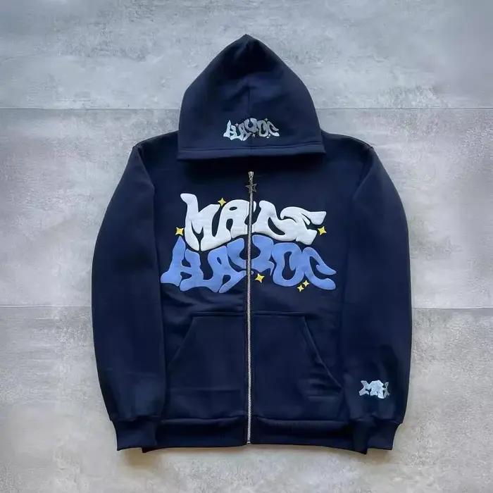 Sweat à capuche zippé avec lettres de style américain rétro, unisexe, idéal pour être associé à une